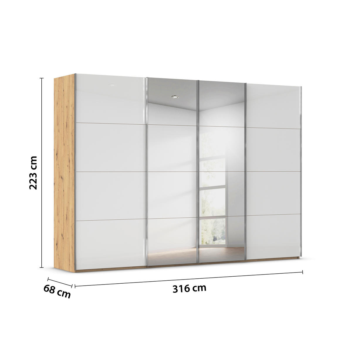 SCHWEBETÜRENSCHRANK 316/223/68 cm 4-türig Weiß, Eiche Artisan  - Chromfarben/Weiß, Design, Glas/Holzwerkstoff (316/223/68cm) - Novel