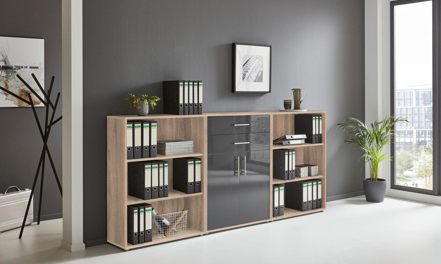 AKTENSCHRANK Sonoma Eiche, Anthrazit Hochglanz  - Anthrazit Hochglanz/Sonoma Eiche, MODERN, Holzwerkstoff (253,2/113,6/33cm) - MID.YOU