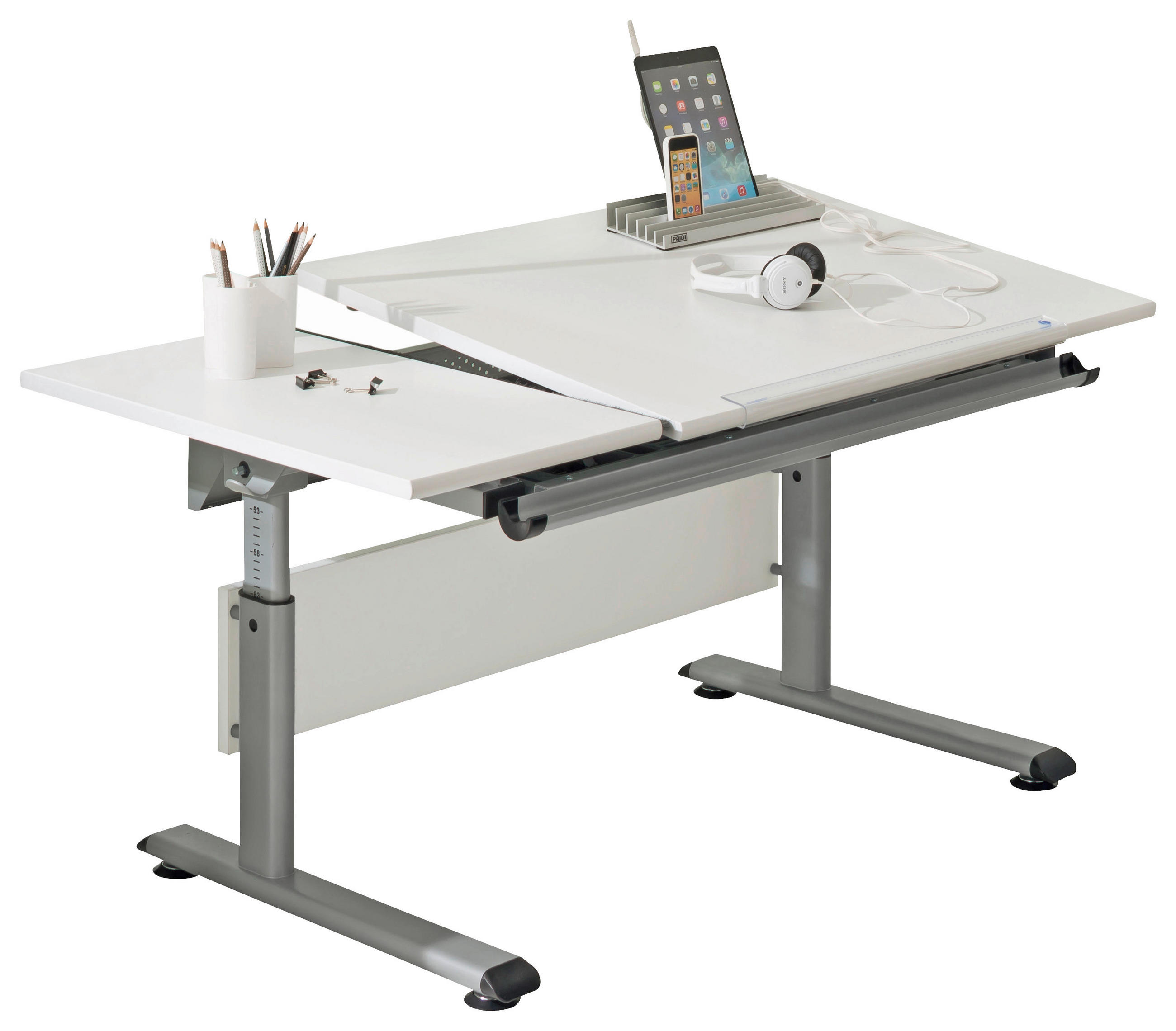 JUGENDSCHREIBTISCH 130/70/53-79 cm höhenverstellbar  - Silberfarben/Weiß, Design, Holzwerkstoff/Metall (130/70/53-79cm) - Paidi