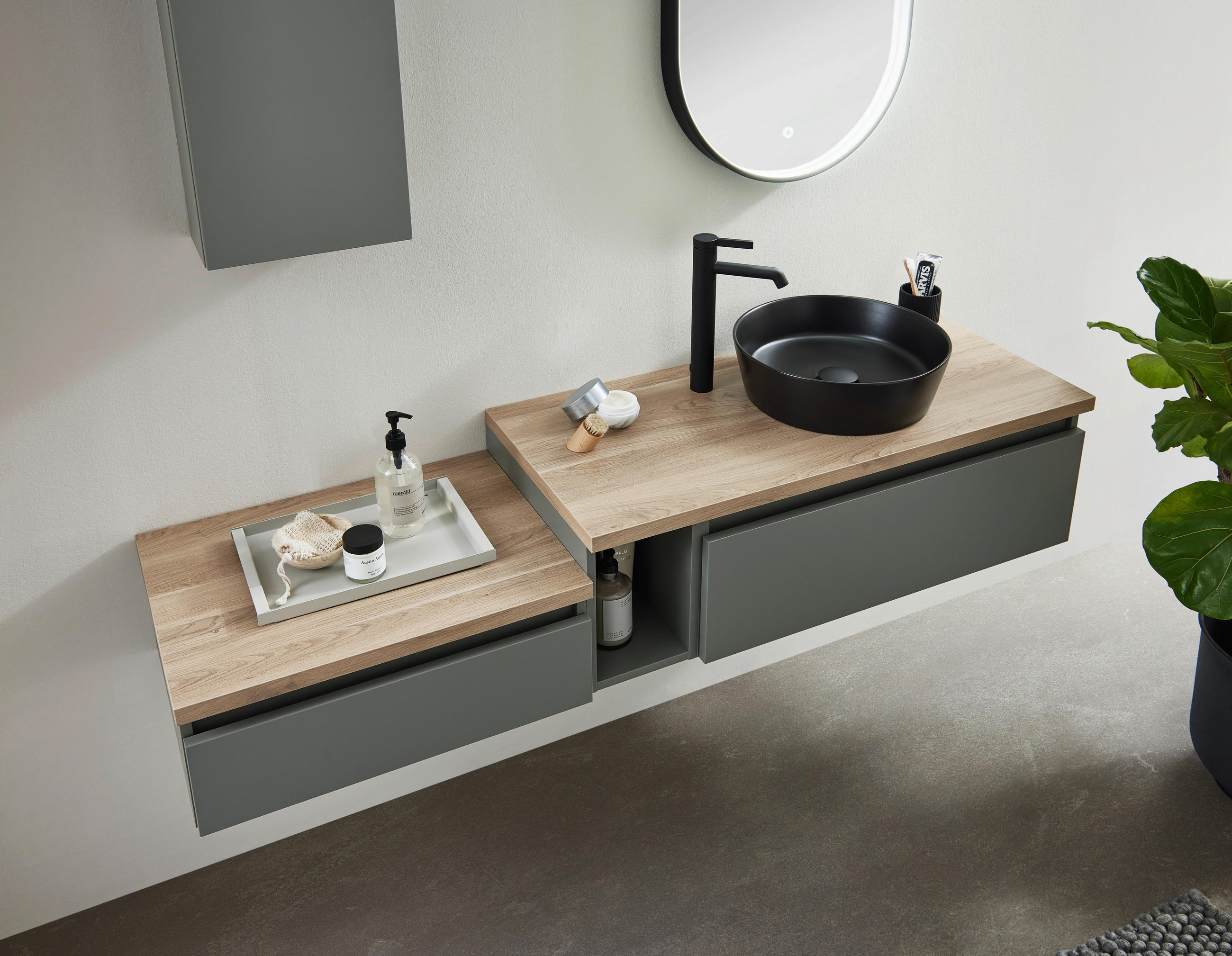 Thumbnail - Novel Waschtischkombi Nv.075, Eiche, Dunkelgrün, Holzwerkstoff, 2 Schublade(n) Schubladen, 160 cm, Goldenes M, hängend, ...