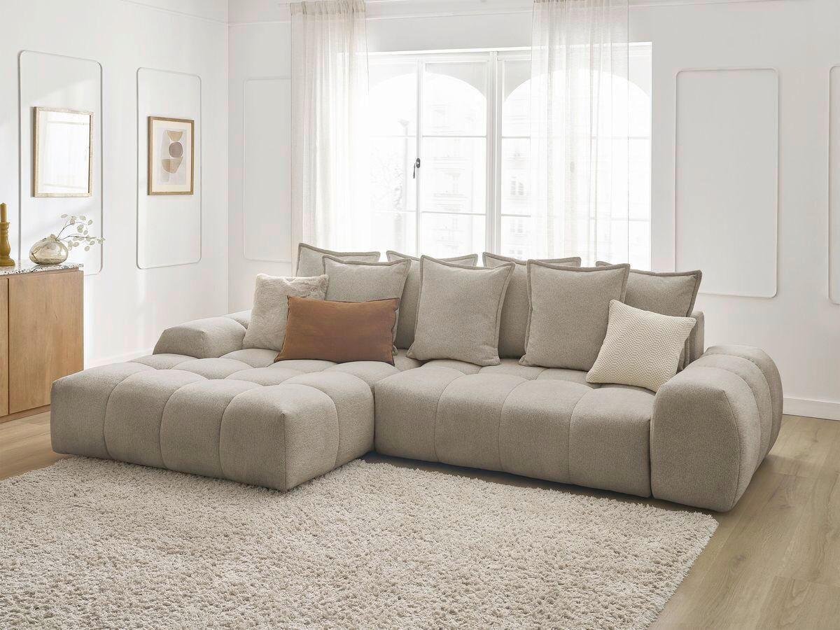ECKSCHLAFSOFA EVEREST  mit Rücken echt, Armteil links, Armteil rechts Flachgewebe Taupe  - Taupe/Schwarz, MODERN, Kunststoff/Textil (180/318cm) - Livetastic