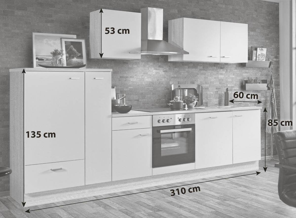 KÜCHENBLOCK 310 cm   in Weiß, Sonoma Eiche  - Silberfarben/Weiß, KONVENTIONELL, Holzwerkstoff/Kunststoff (310cm) - Menke