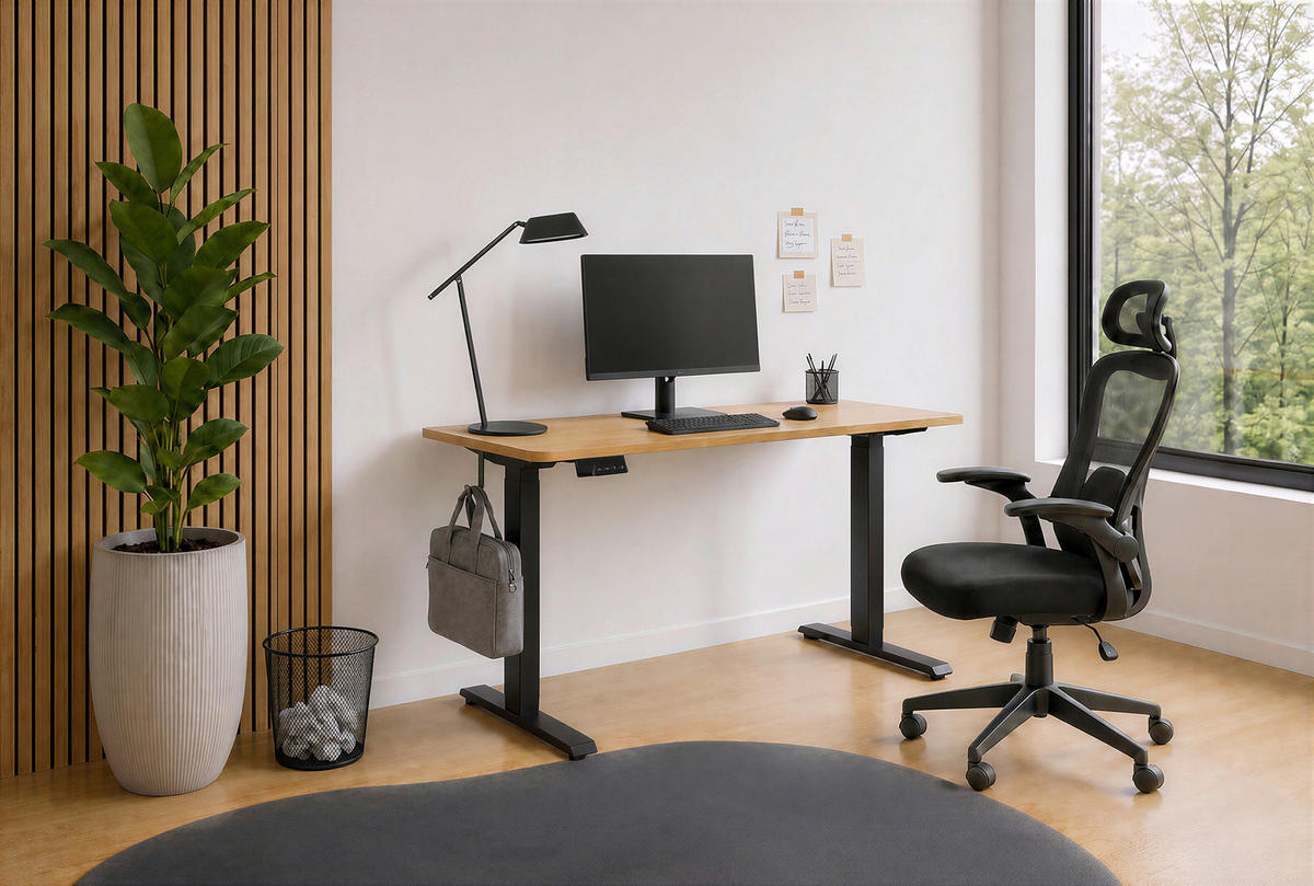 SCHREIBTISCH 120/60/73-118 cm Schwarz, Eichefarben elektrisch höhenverstellbar  - Eichefarben/Schwarz, Design, Holzwerkstoff/Metall (120/60/73-118cm) - Carryhome
