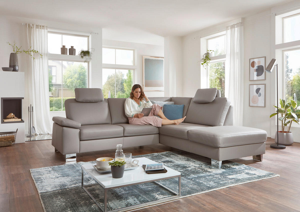 ECKSOFA in Echtleder Grau  248/235 cm  - Beige/Alufarben, Design, Leder/Metall (248/235cm) - Beldomo Premium