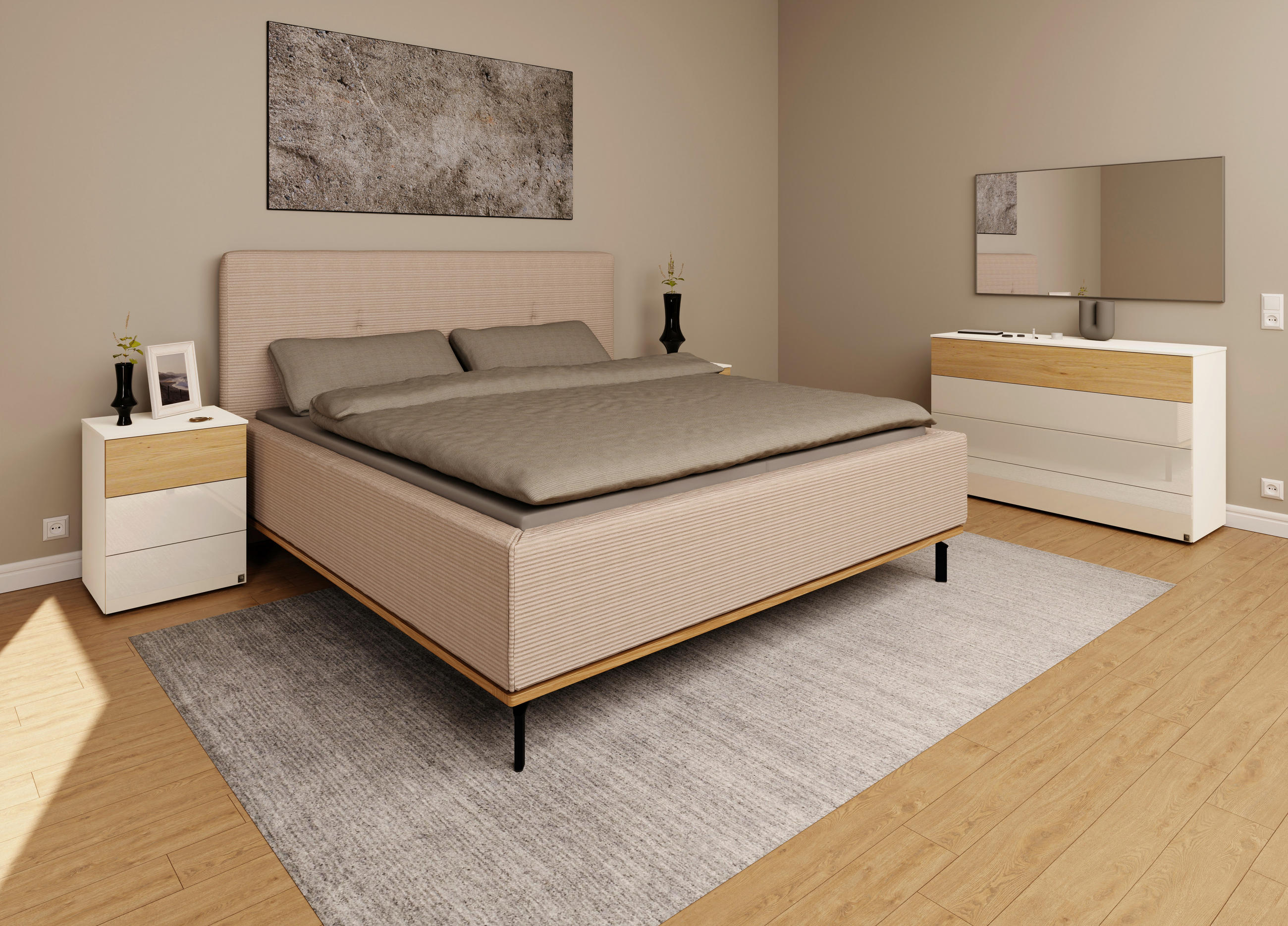 Thumbnail - Musterring Polsterbett, Taupe, Textil, Birke, Buche, massiv, H2, Höhe ca. 20 cm, 160x200 cm, Reach, atmungsaktiv,Bettkas...