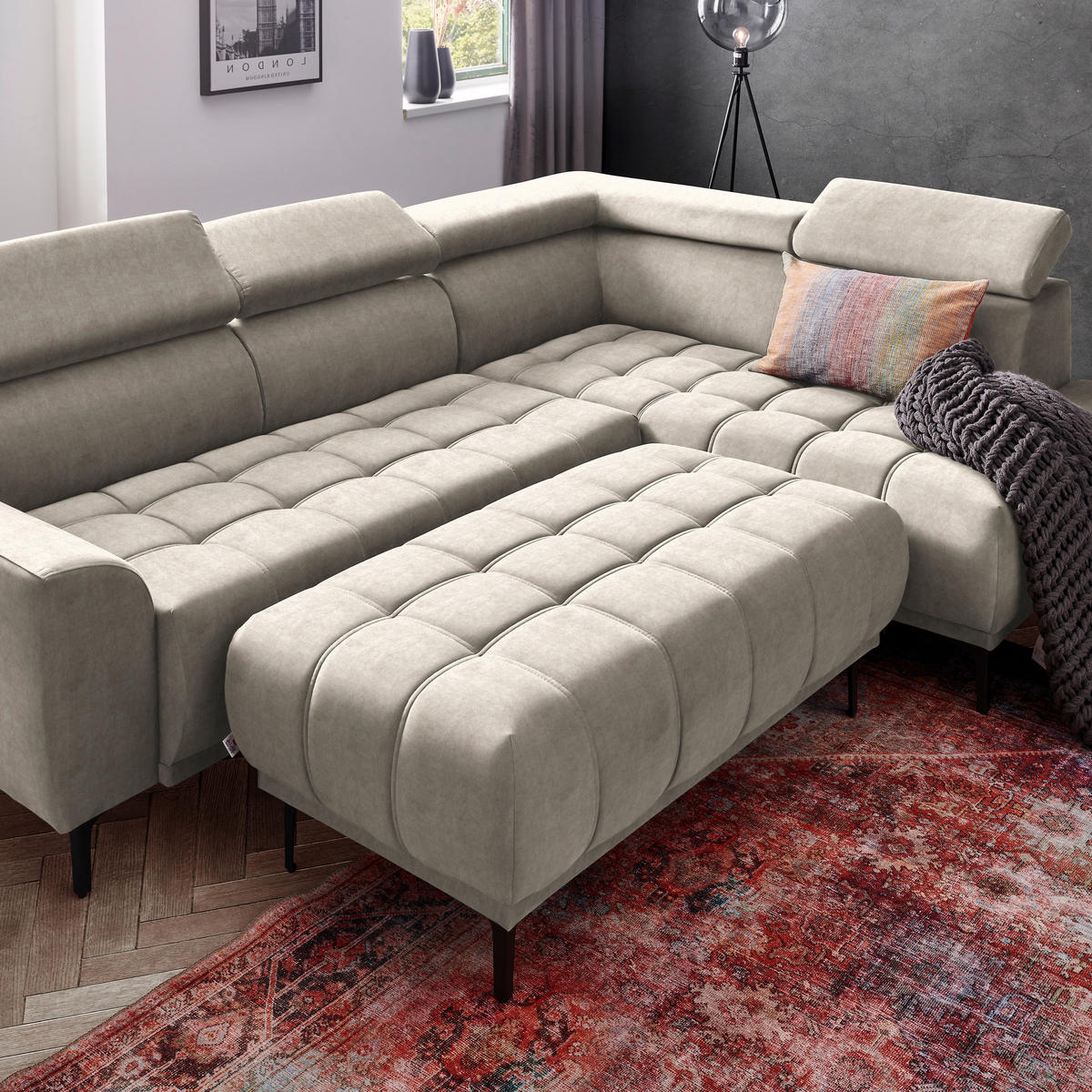 ECKSOFA in Velours Beige  - Beige/Schwarz, Design, Textil/Metall (261/191cm) - Stylife