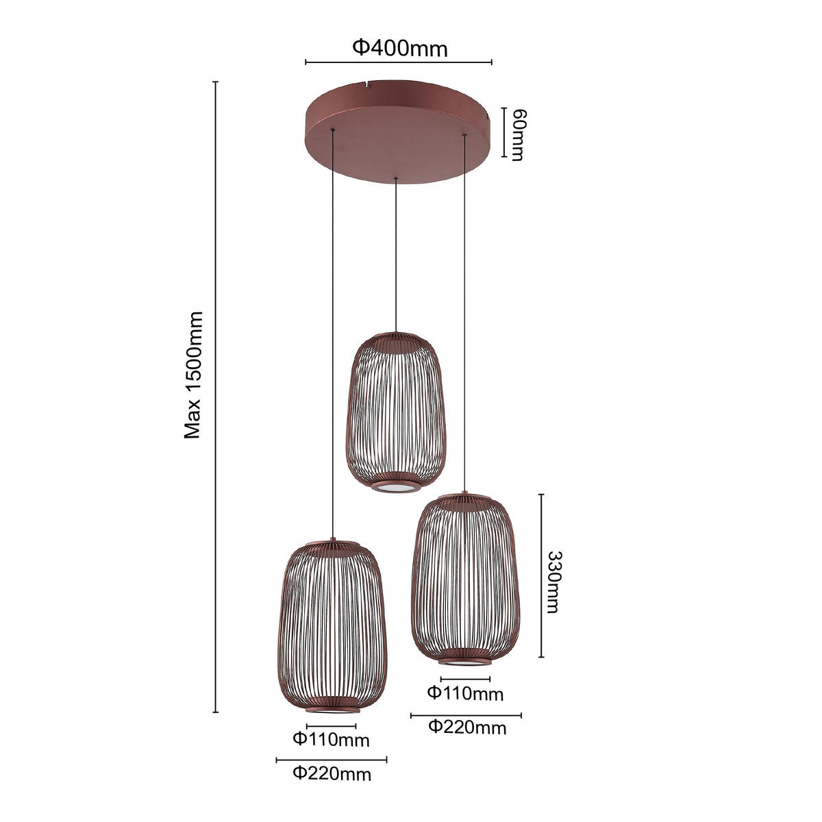 LED-HÄNGELEUCHTE Cage 40/50-150 cm  - Kupferfarben, Design, Kunststoff/Metall (40/50-150cm) - Dieter Knoll