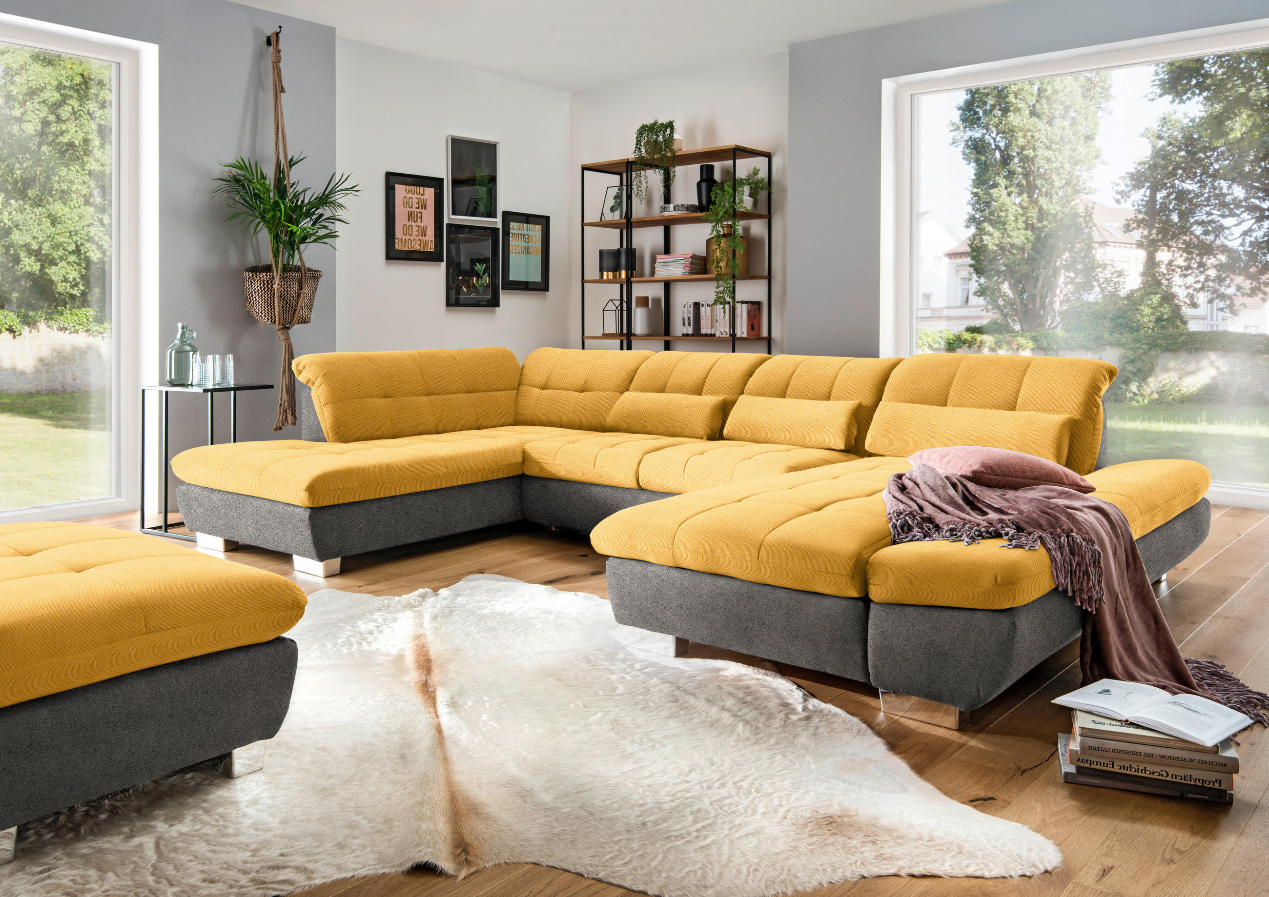 WOHNLANDSCHAFT in Mikrofaser Grau, Dunkelgelb  - Chromfarben/Dunkelgelb, Design, Kunststoff/Textil (211/350/204cm) - Xora