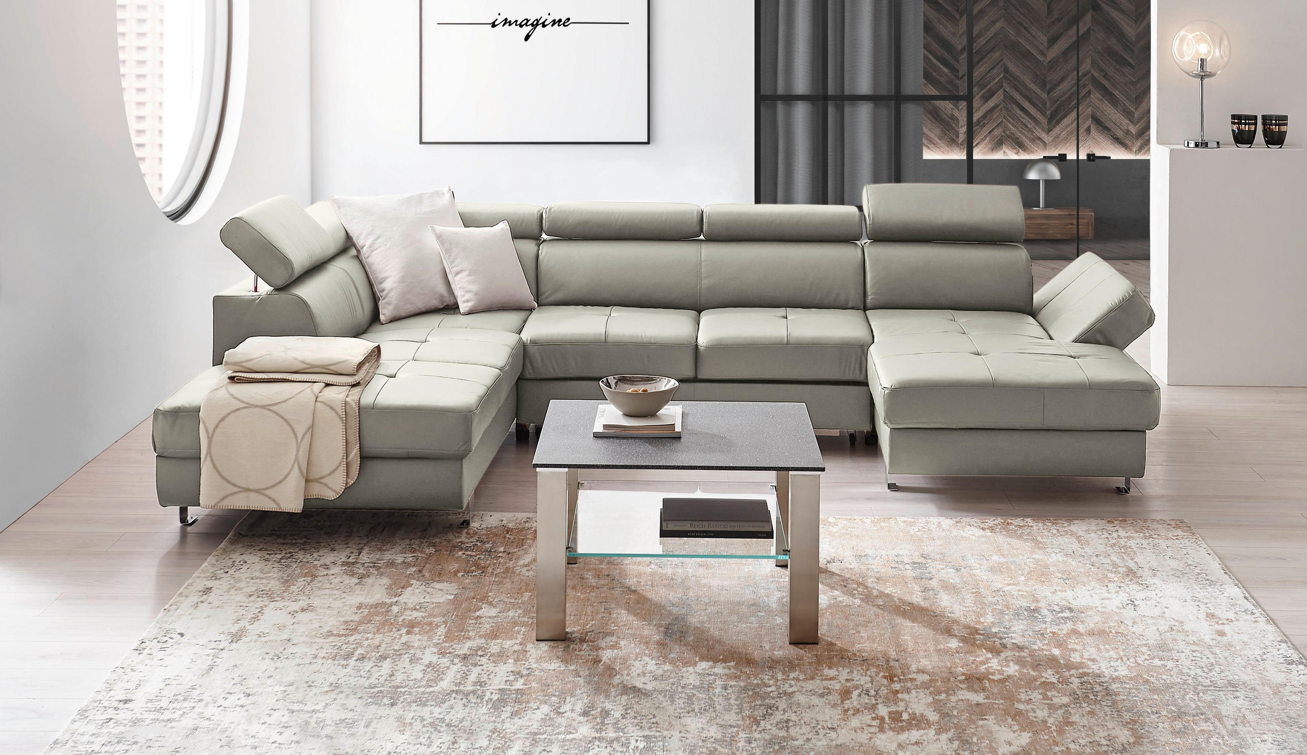 Wohnlandschaft inkl.Funktionen Grau Kombination Echtleder/Lederlook  - Chromfarben/Grau, Design, Leder/Textil (212/334/157cm) - Stylife