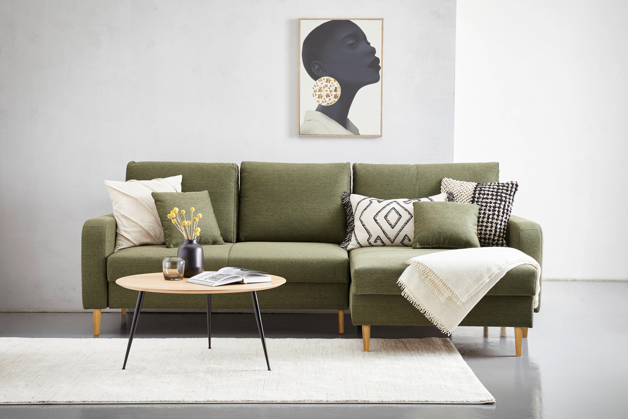ECKSOFA in Flachgewebe Olivgrün  - Eiche Wotan/Olivgrün, Konventionell, Holz/Textil (255/157cm) - Carryhome
