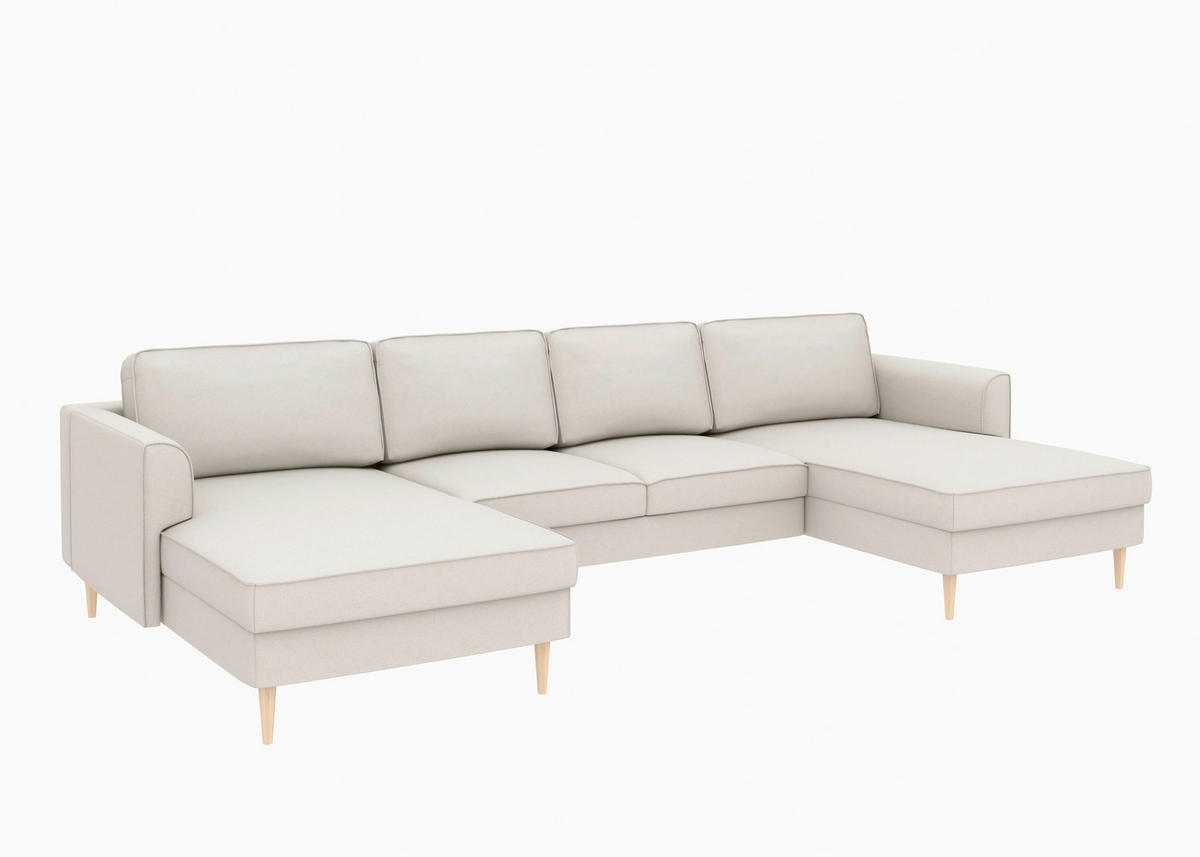 WOHNLANDSCHAFT Sandfarben Struktur  - Sandfarben/Buchefarben, MODERN, Holz/Textil (161/306/161cm) - Trendmanufaktur