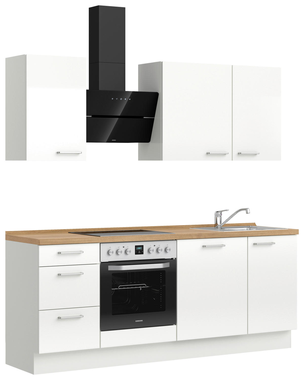 KÜCHENBLOCK Flash 210 cm  in Eichefarben, Weiß Hochglanz  - Edelstahlfarben/Eichefarben, MODERN, Holzwerkstoff/Metall (210cm) - Nobilia