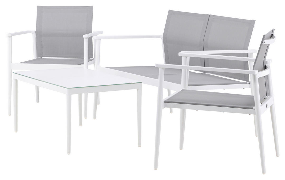 LOUNGEGARNITUR 4-teilig   Aluminium  - Weiß/Grau, KONVENTIONELL, Glas/Textil - Gardenson