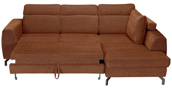 ECKSOFA Cognac Chenille  inkl. Zierkissen, Bettkasten, Schlaffunktion, Rücken echt, Kopfteilverstellung, Liegefläche im Originalstoff  - Cognac/Schwarz, KONVENTIONELL, Textil/Metall (266/185cm) - Carryhome