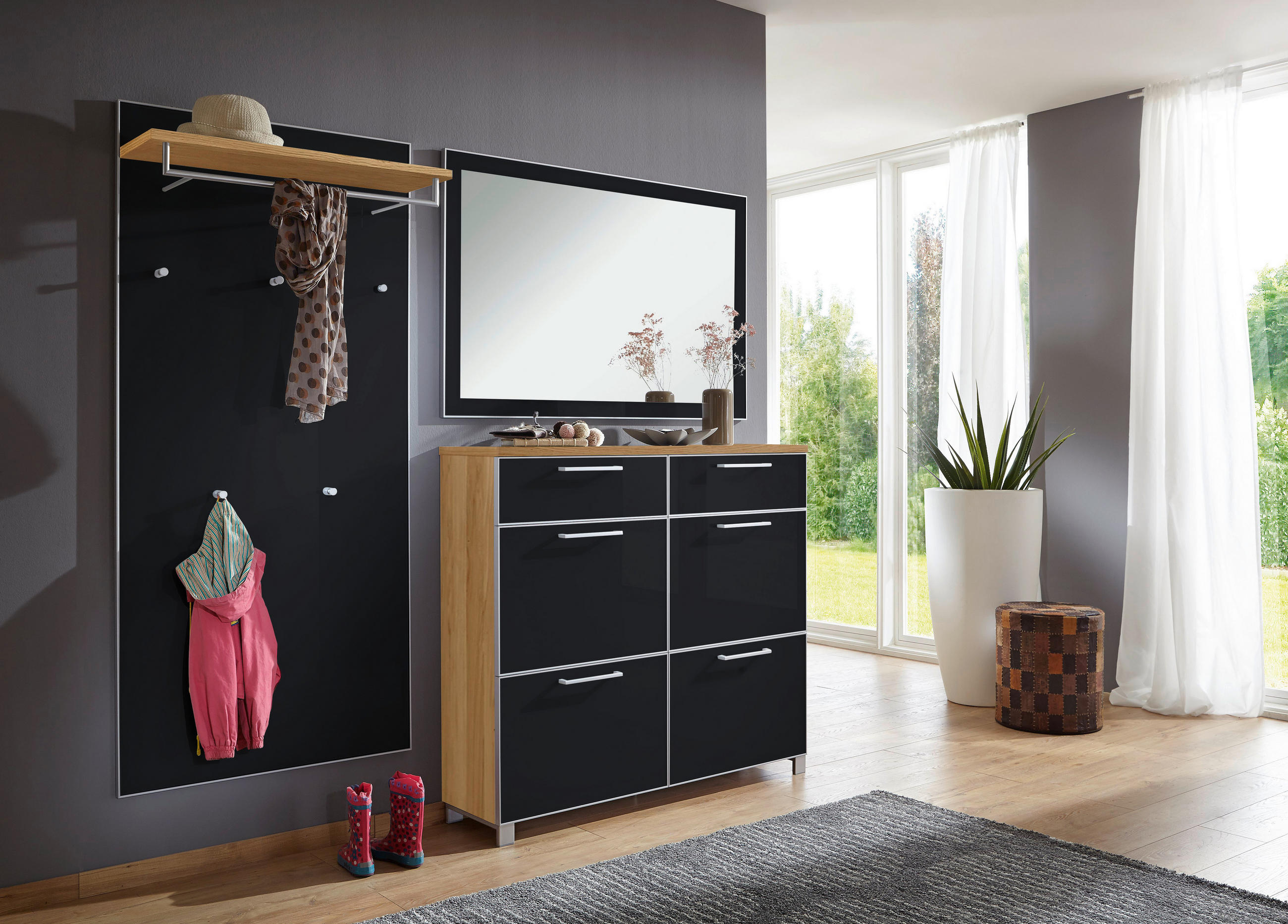 GARDEROBE 3-teilig  in 210/195/31 cm  - Eichefarben/Anthrazit, Design, Glas/Holz (210/195/31cm)