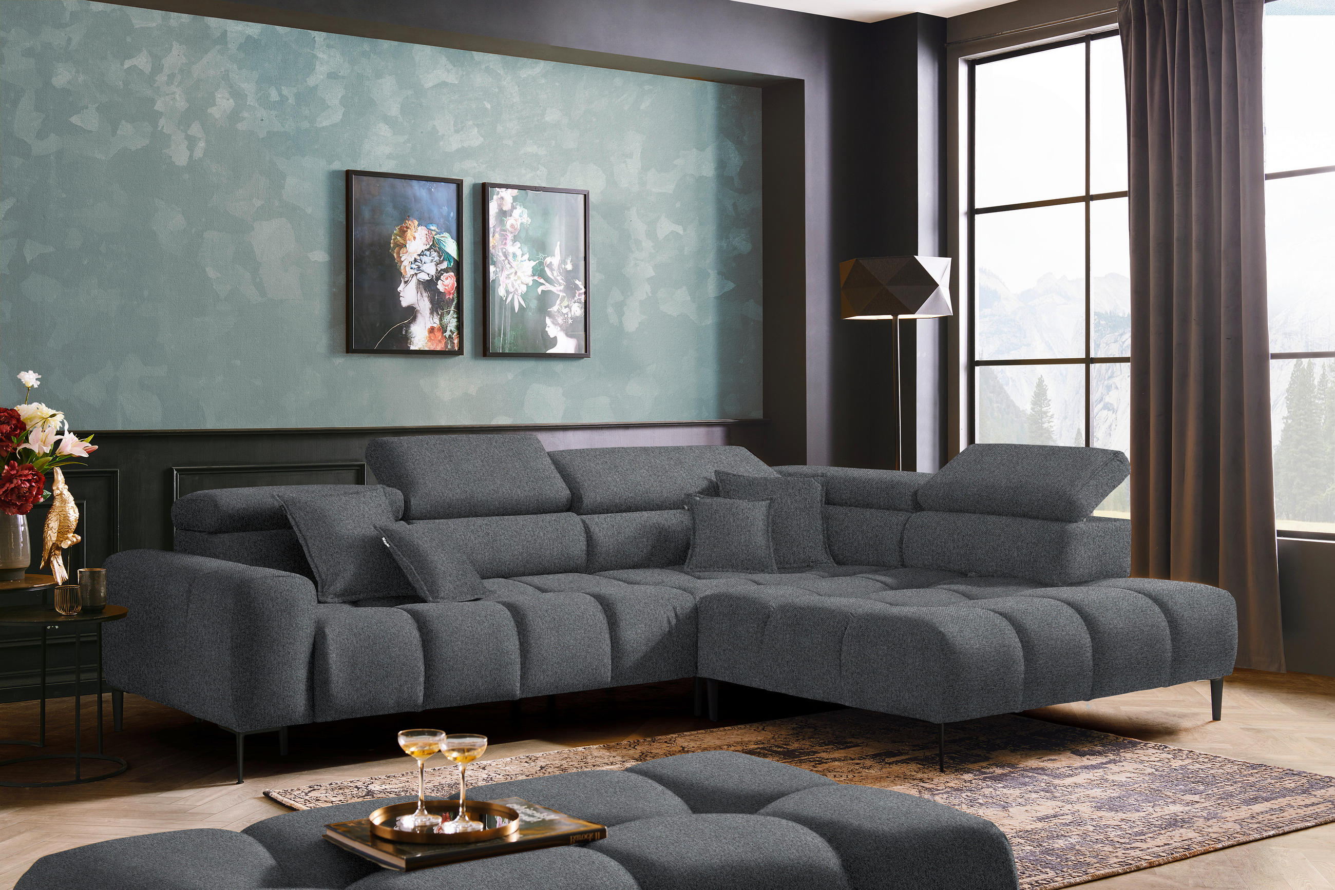 ECKSOFA in Webstoff Dunkelgrau  - Dunkelgrau/Schwarz, Design, Textil/Metall (300/216cm) - Welnova