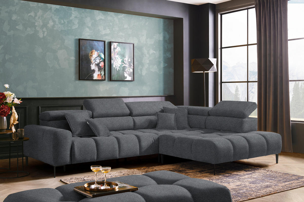 ECKSOFA in Webstoff Dunkelgrau  - Dunkelgrau/Schwarz, Design, Textil/Metall (300/216cm) - Welnova