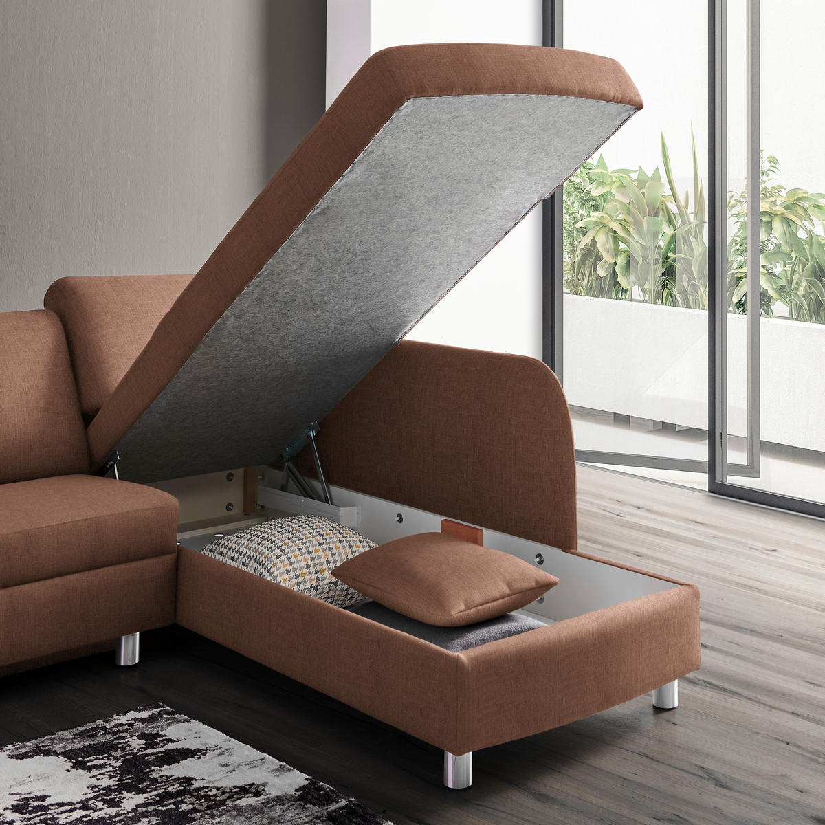 ECKSOFA in Chenille Braun  227/208 cm  - Alufarben/Braun, KONVENTIONELL, Textil/Metall (227/208cm) - Sedda