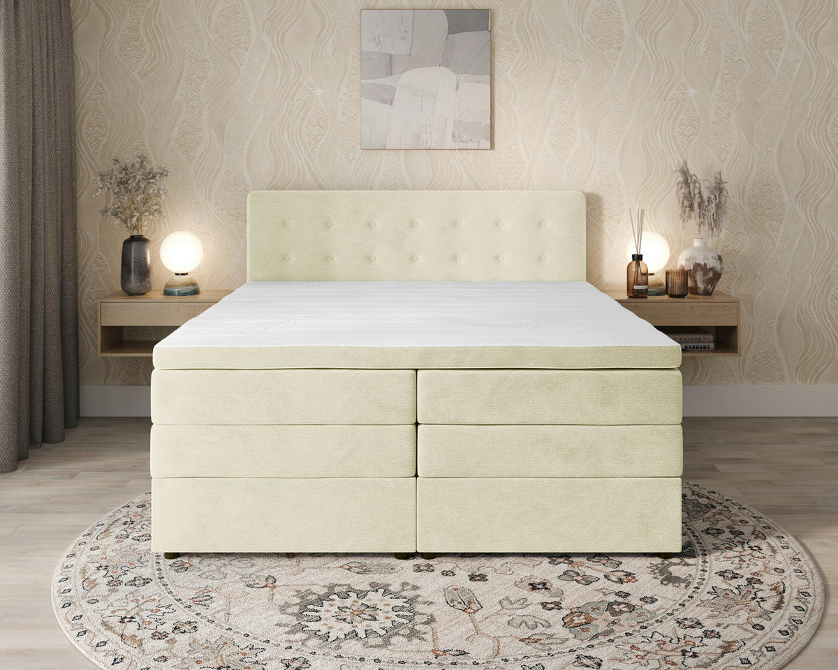 BOXSPRINGBETT 200/200 cm,  in Beige, gepolstertes Kopfteil, Bettkasten, Topper, Matratzen, H3 + H4 = fest + sehr fest  - Beige/Schwarz, KONVENTIONELL, Kunststoff/Textil (200/200cm) - Chameo