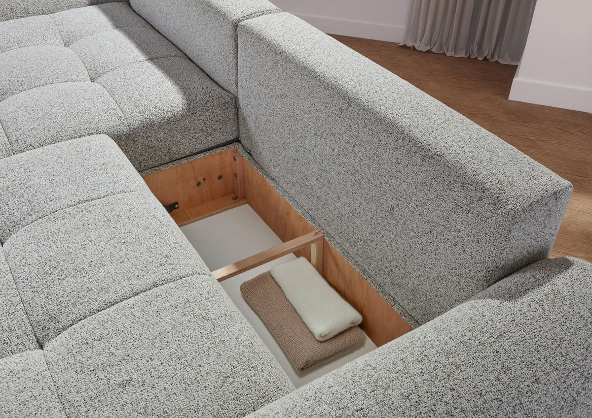 Ecksofa mit Funktion Greige Flachgewebe Zierkissen, Rückenkissen, Bettkasten, Schlaffunktion, Rücken echt, Liegefläche im Originalstoff  - Greige/Schwarz, KONVENTIONELL, Kunststoff/Textil (190/277cm) - Carryhome