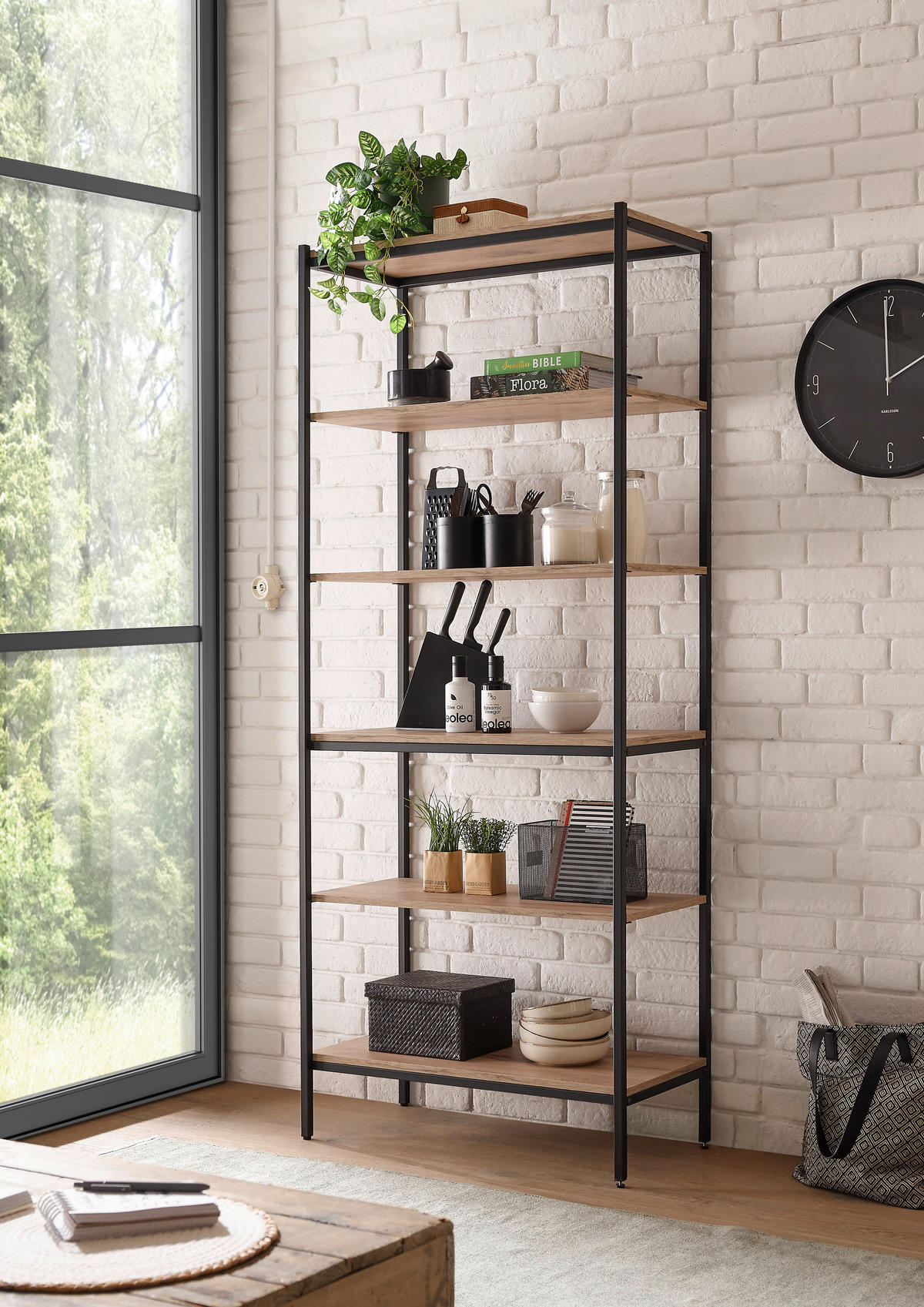STANDREGAL Schwarz, Eichefarben  - Eichefarben/Schwarz, Basics, Holzwerkstoff/Metall (80/195/40cm) - MID.YOU