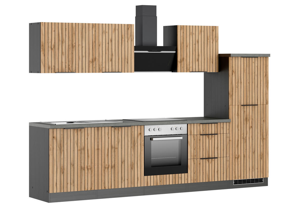 KÜCHENBLOCK 300 cm   Graphitfarben, Eiche Wotan  - Schieferfarben/Eiche Wotan, Basics, Holzwerkstoff/Metall (300cm) - Held