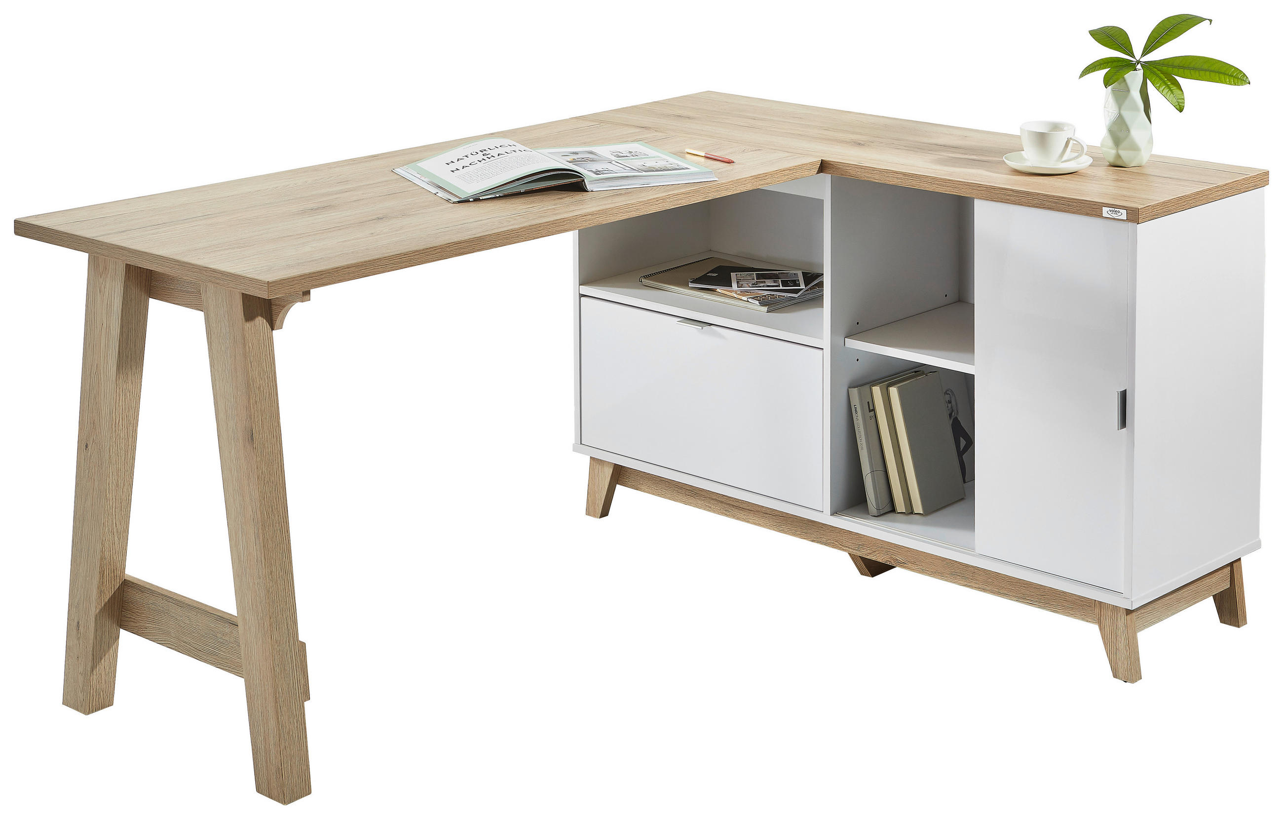 ECKSCHREIBTISCH 159/120/76 cm  in Weiß, Eiche San Remo  - Eichefarben/Silberfarben, Design, Holzwerkstoff/Metall (159/120/76cm) - Voleo