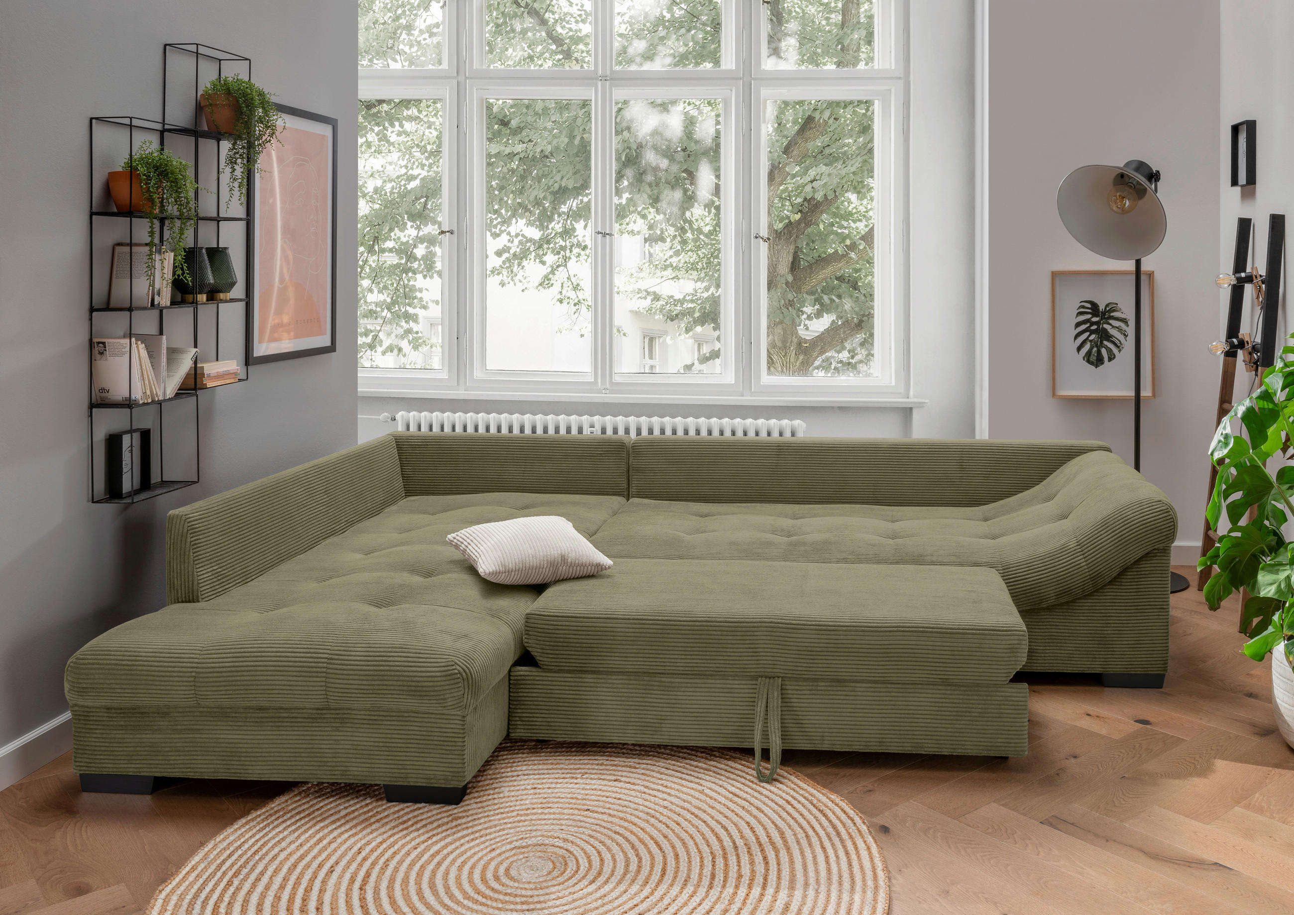 ECKSOFA Olivgrün Cord  - Silberfarben/Schwarz, Design, Holz/Textil (202/298cm) - MID.YOU