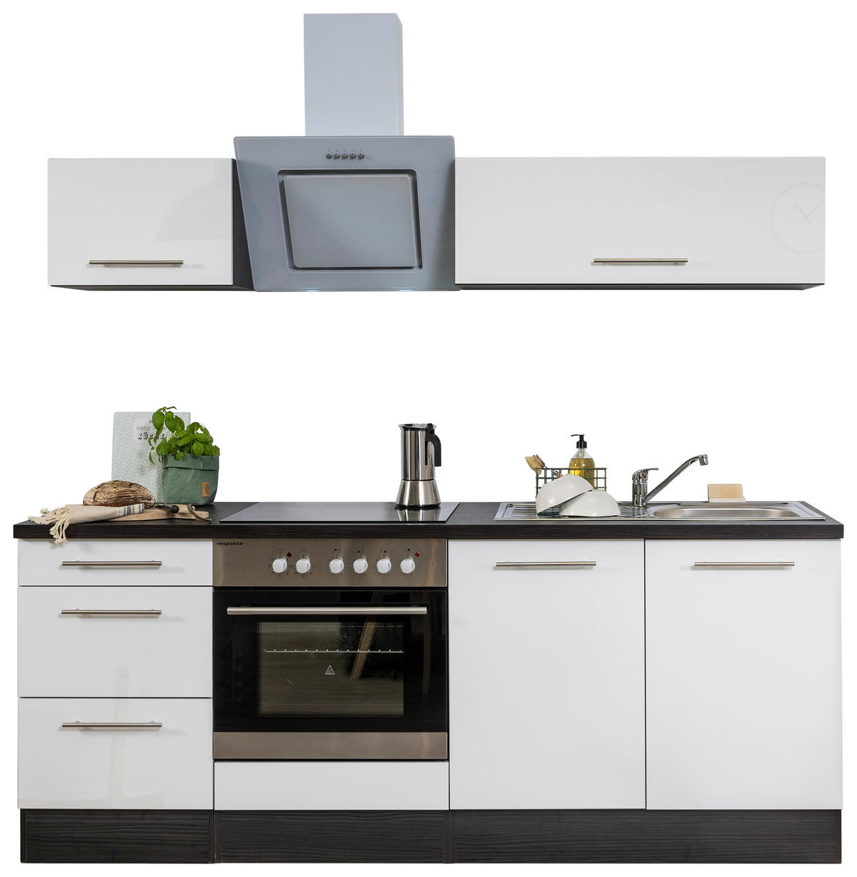 MODULKÖK 210 cm   i grå, vit  - vit/aluminiumfärg, Basics, trämaterial (210cm) - Respekta