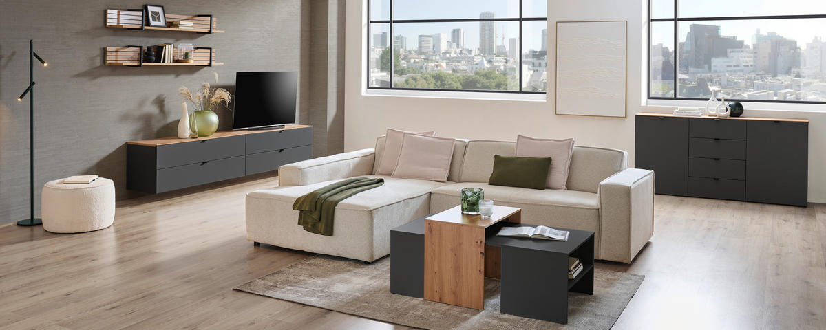 TV-ELEMENT Graphitfarben, Eiche Artisan  140/62/44 cm  - Schwarz/Graphitfarben, MODERN, Holzwerkstoff/Metall (140/62/44cm) - Hom`in