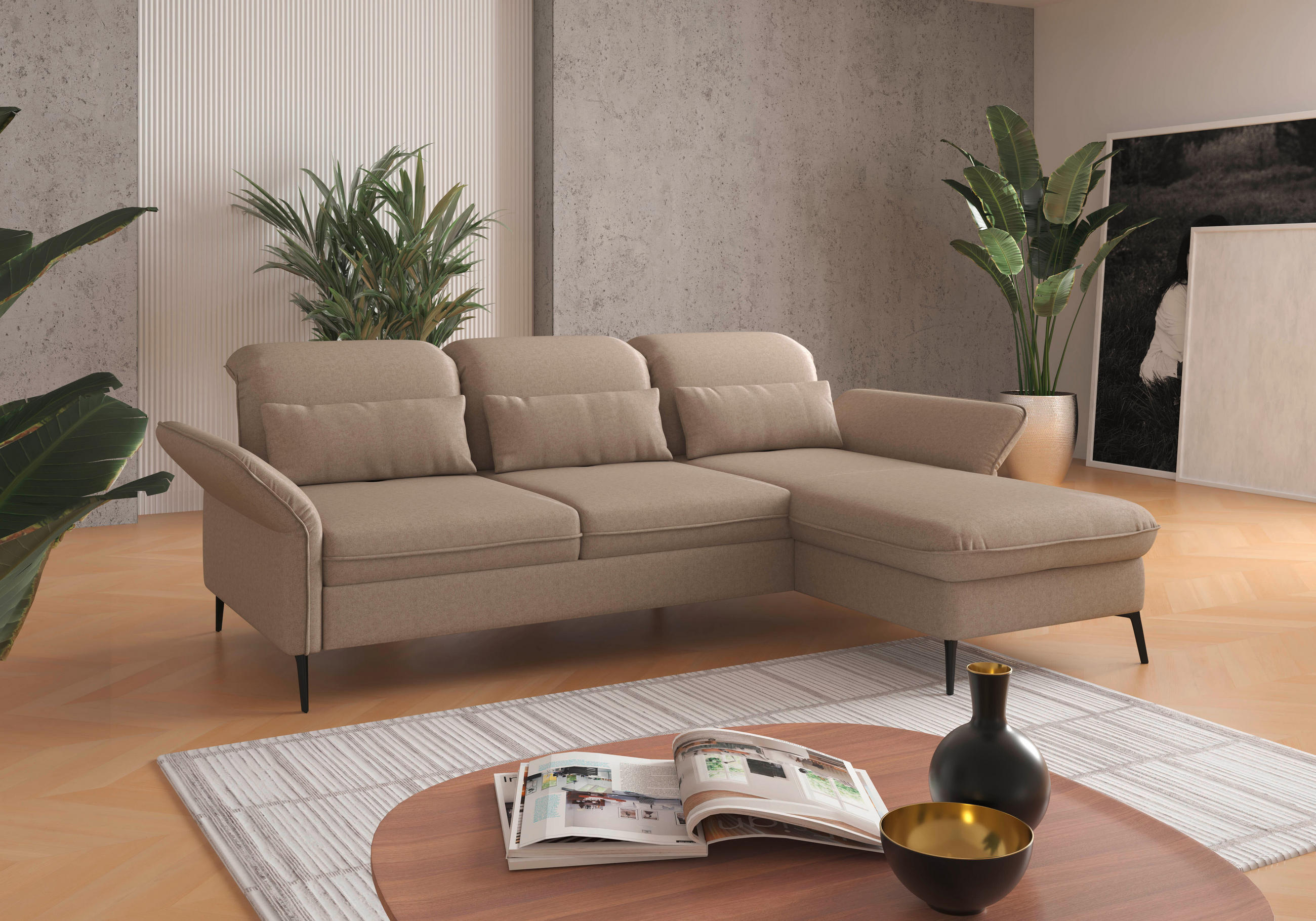 ECKSOFA in Flachgewebe Taupe  - Taupe/Schwarz, Konventionell, Textil/Metall (264/198cm) - Sit & More