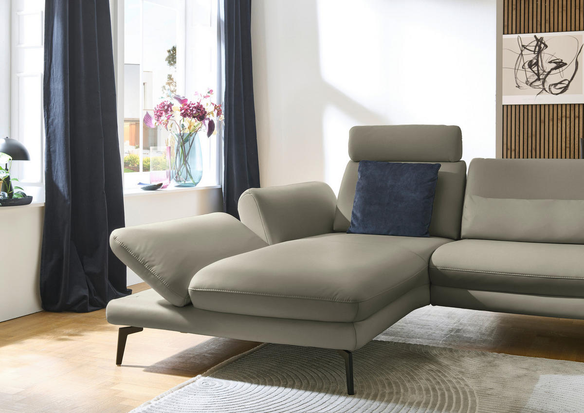 ECKSOFA in Echtleder Hellgrau  - Hellgrau/Schwarz, Design, Leder/Metall (195/308cm) - Dieter Knoll