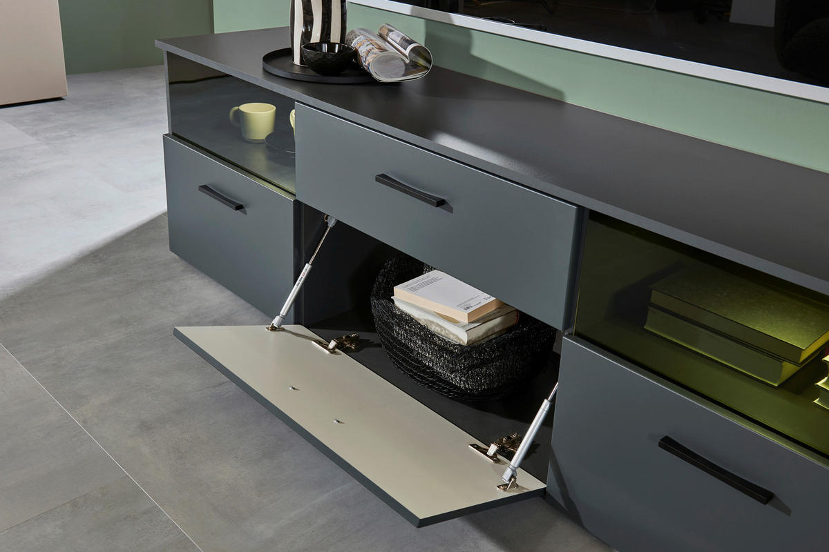 LOWBOARD  in 180/55/38 cm  - Anthrazit/Schwarz, Design, Glas/Holzwerkstoff (180/55/38cm) - MID.YOU