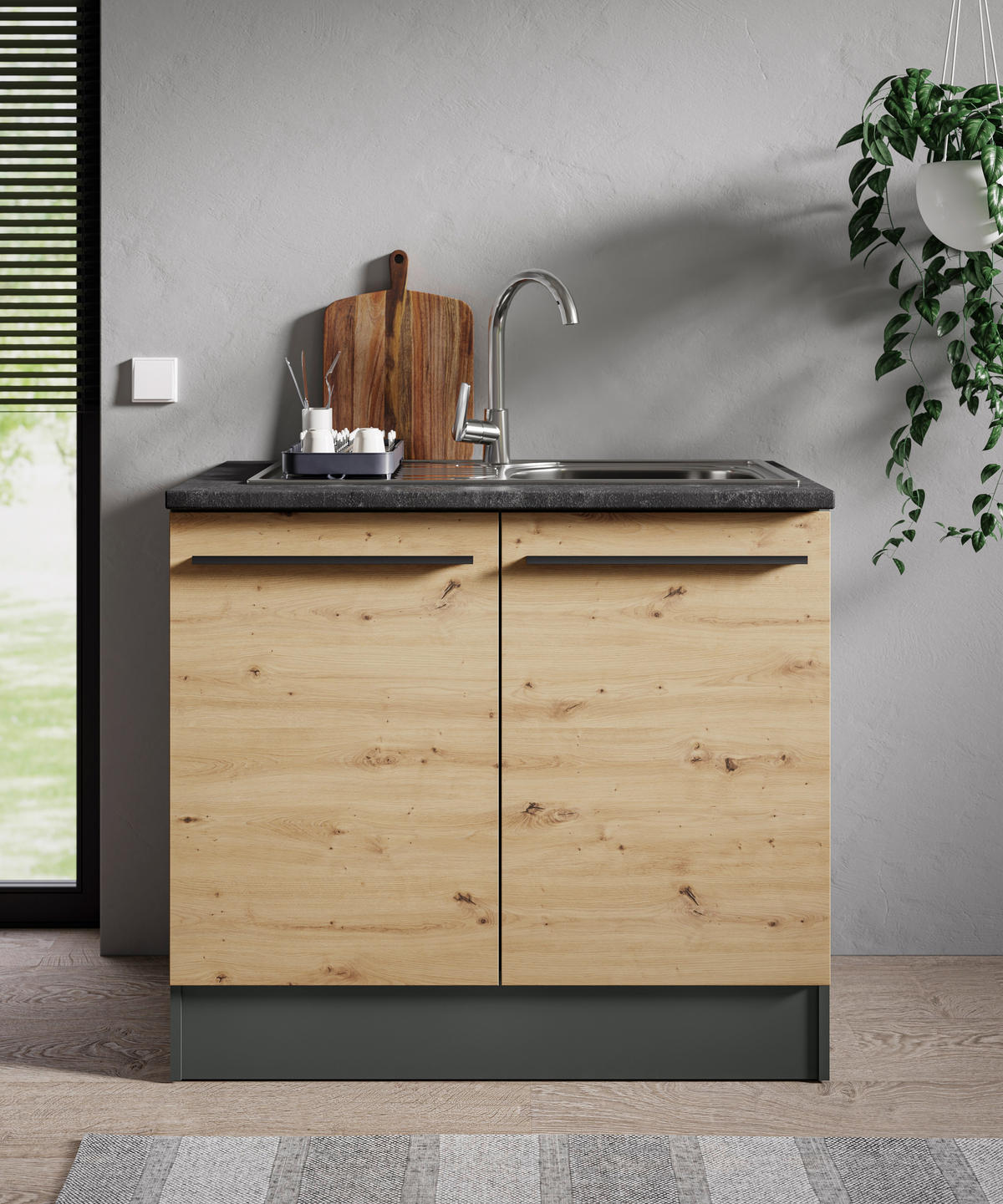 SPÜLENUNTERSCHRANK 100/90/60 cm  in Anthrazit, Eiche Artisan  - Anthrazit/Schwarz, Design, Holzwerkstoff/Kunststoff (100/90/60cm) - P & B