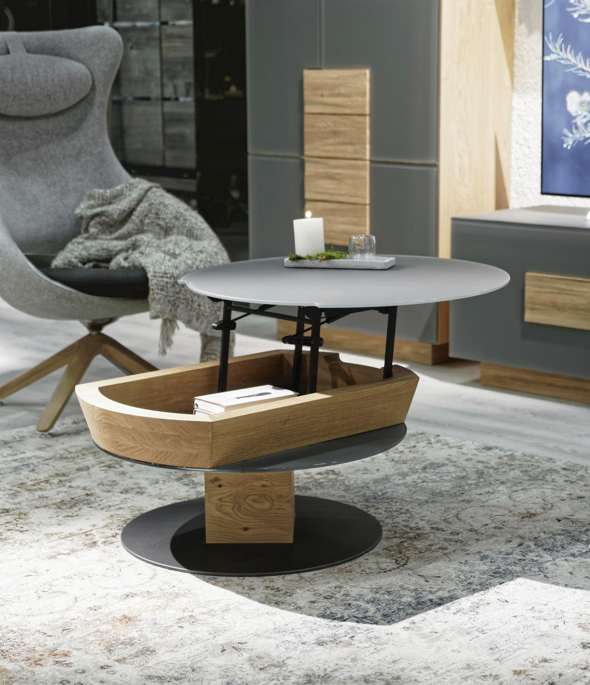 COUCHTISCH Wildeiche furniert, massiv ESG 80/80/38-58 cm rund Grau, Eichefarben  - Eichefarben/Grau, Natur, Glas/Holz (80/80/38-58cm) - Voglauer