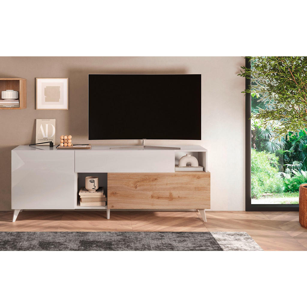 Thumbnail - Carryhome Tv-Element, Eiche, Weiß Hochglanz, Holzwerkstoff, 1 Fächer, 1 Schubladen, 181x67x42 cm, Kleinmöbel