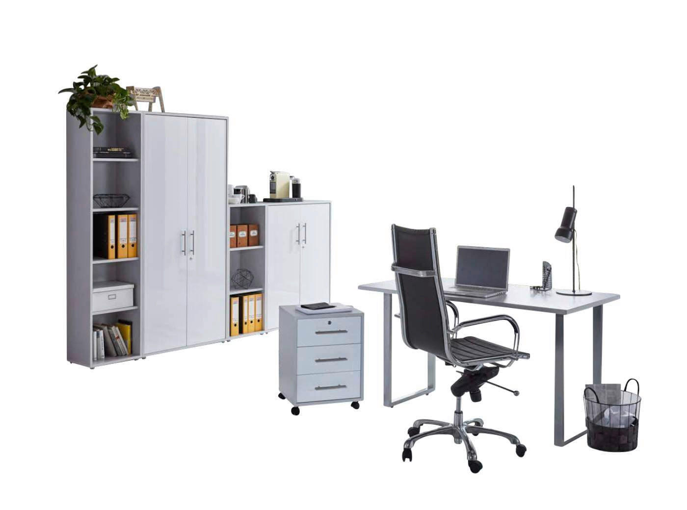 BÜRO erweiterbar, abschließbar Grau, Weiß Hochglanz - Weiß Hochglanz/Grau, MODERN, Holzwerkstoff/Metall - MID.YOU