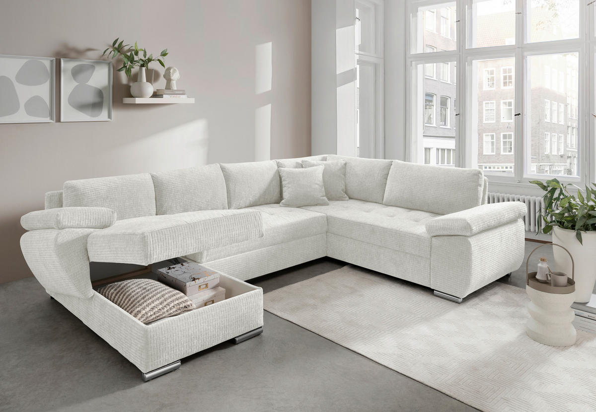 WOHNLANDSCHAFT Creme Mikrofaser  - Chromfarben/Creme, KONVENTIONELL, Textil/Metall (157/305/219cm) - Livetastic