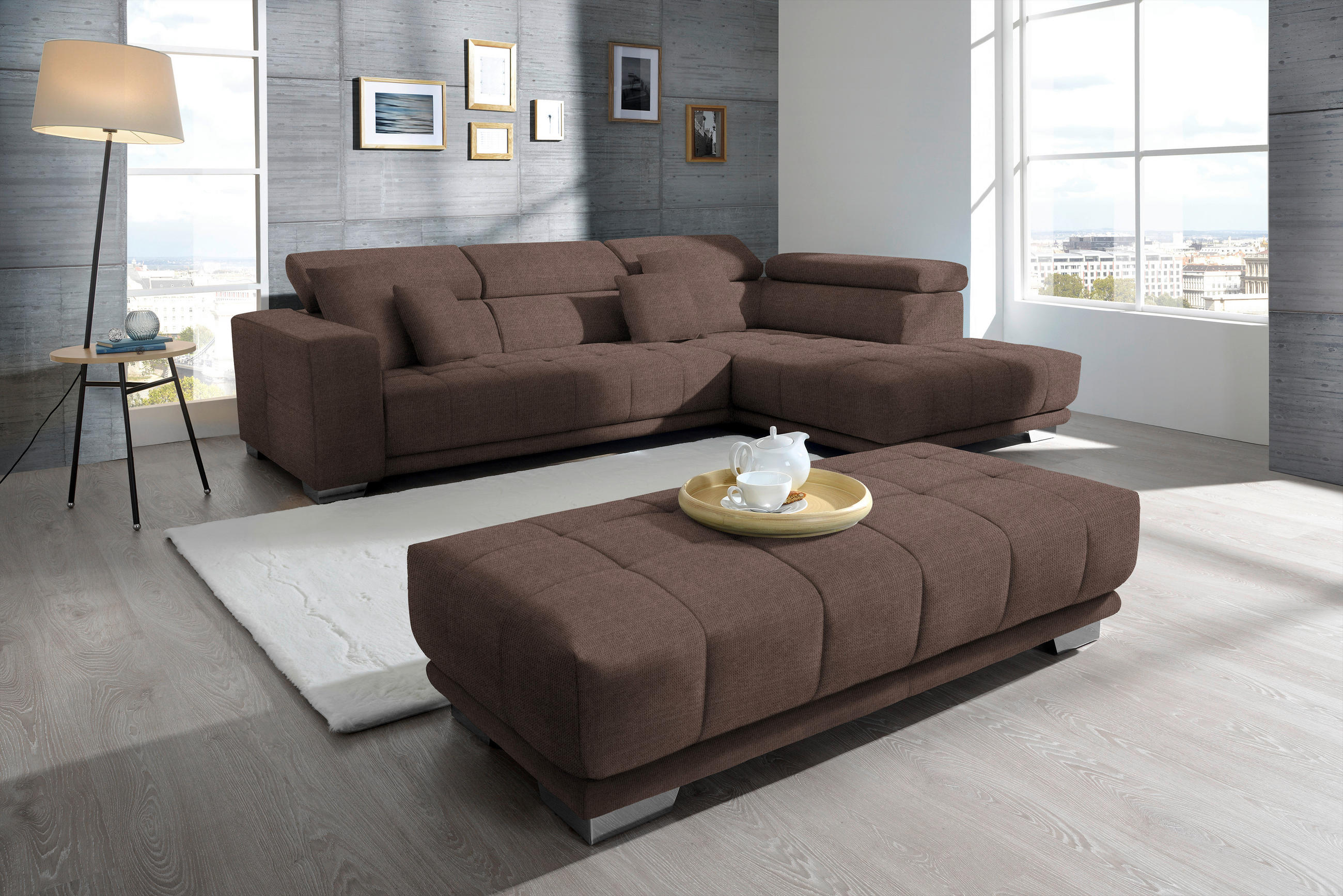 ECKSOFA in Mikrofaser Braun  - Chromfarben/Braun, Design, Textil/Metall (301/207cm) - Xora