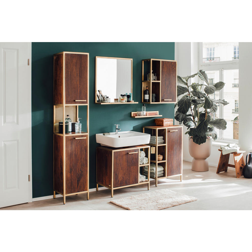 Thumbnail - Livetastic Hochschrank Golden Grace, Braun, Metall, Mangoholz,Mangoholz,Mangoholz, 2 Fächer, 35x190x40 cm, stehend, Bade...