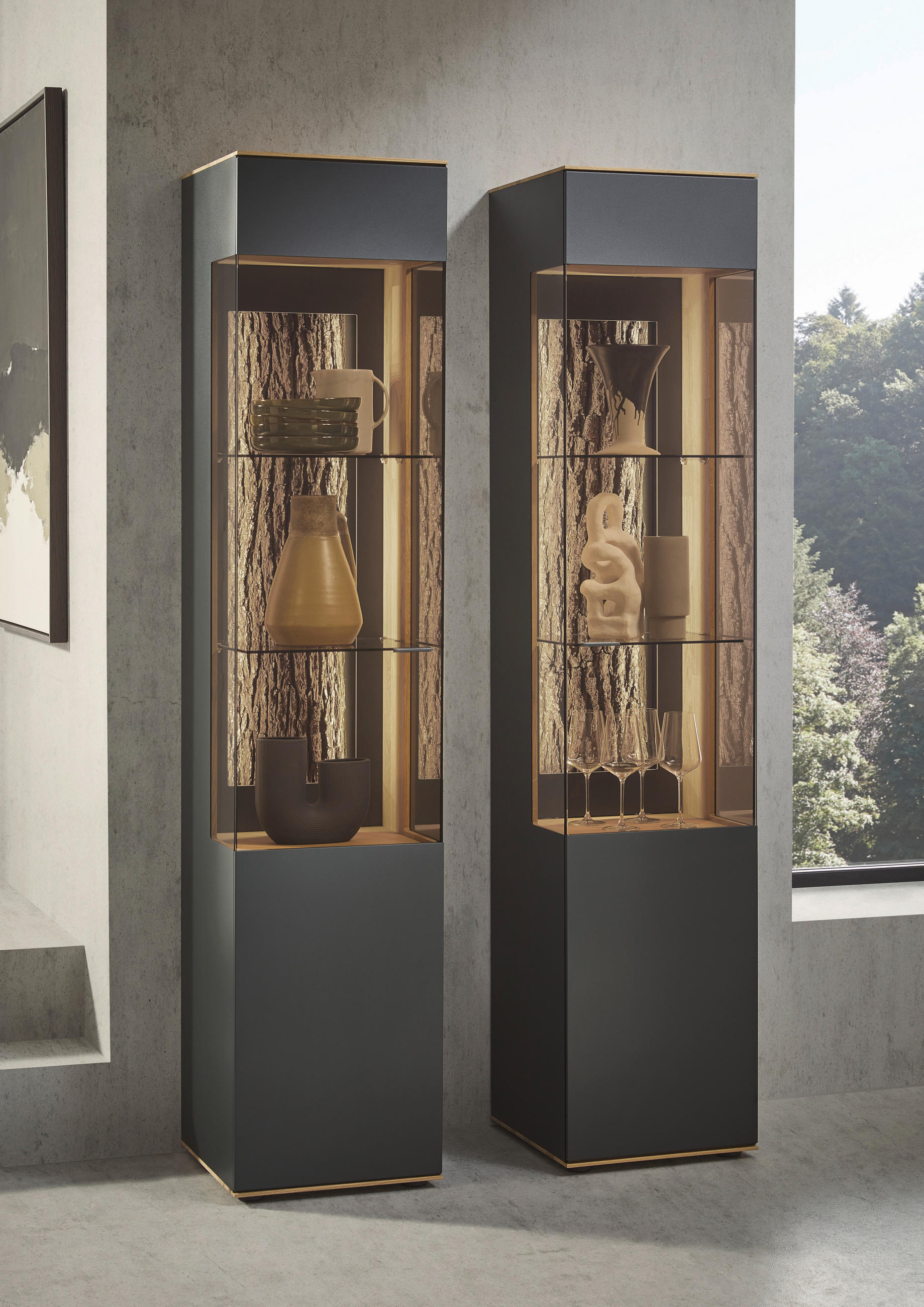 VITRINE  in vollmassiv Kerneiche Anthrazit, Eichefarben - Eichefarben/Anthrazit, Natur, Glas/Holz (43/205/44cm) - Valnatura