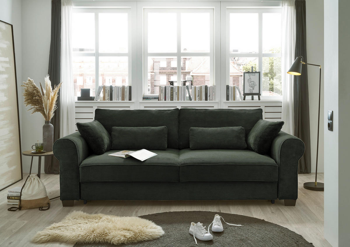 SCHLAFSOFA Cord Dunkelgrün  - Dunkelgrün/Schwarz, Basics, Kunststoff/Textil (250/95/125cm) - MID.YOU