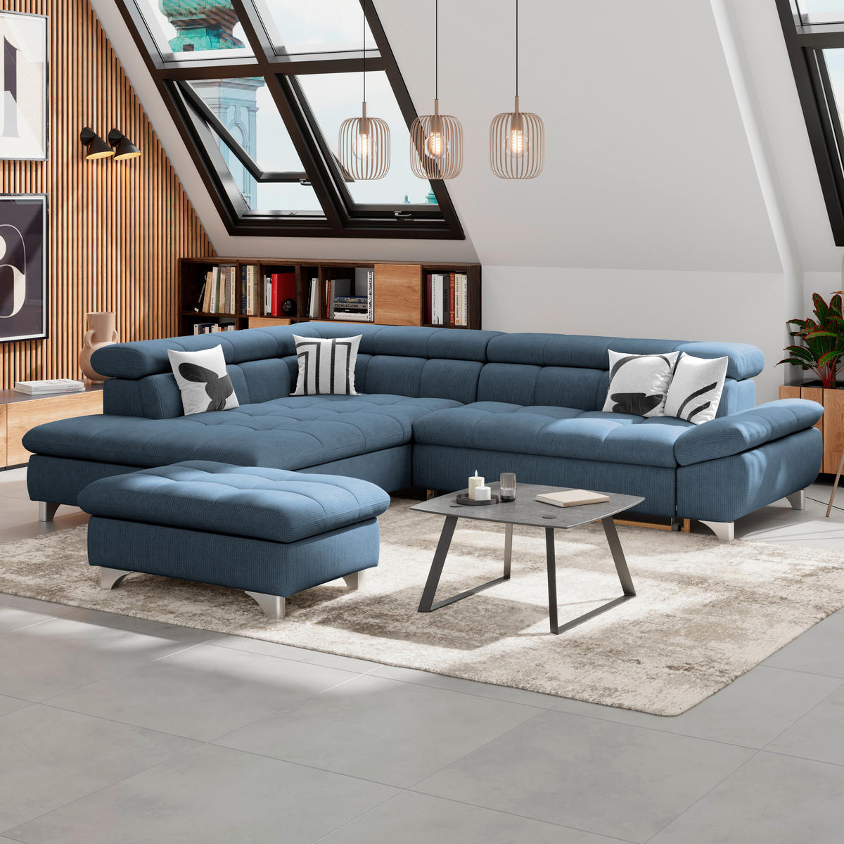 ECKSOFA Dunkelblau Chenille  - Chromfarben/Dunkelblau, KONVENTIONELL, Textil/Metall (234/312cm) - Livetastic