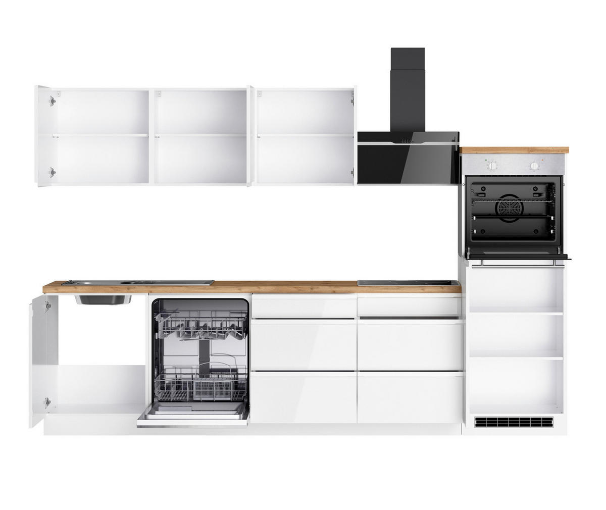 KÜCHENBLOCK 300 cm   in Weiss, Eiche Wotan, Weiss Hochglanz  - Weiss Hochglanz/Weiss, Lifestyle, Holzwerkstoff (300cm) - Held