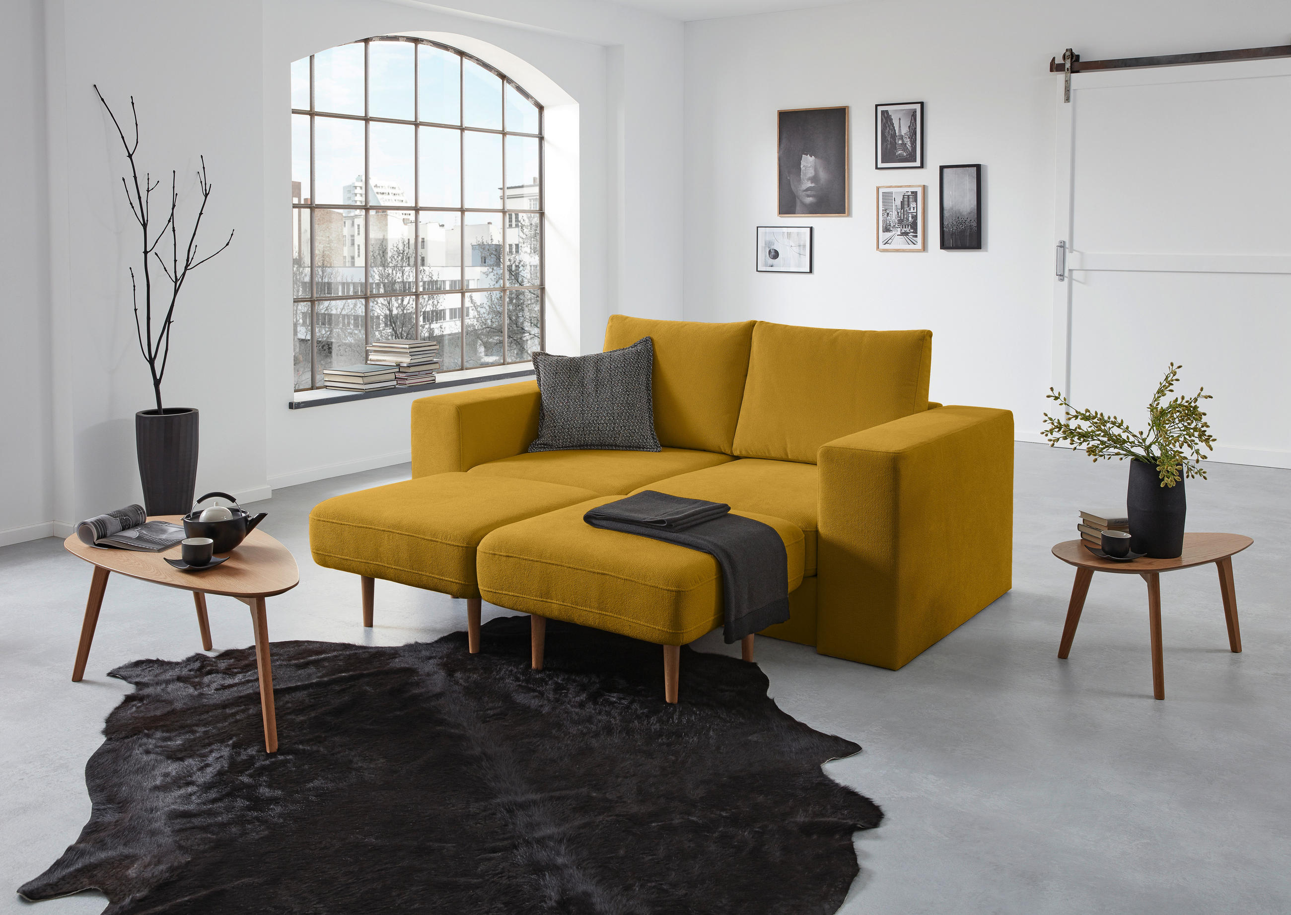 2,5-SITZER inkl. Hocker in Webstoff Gelb  - Eichefarben/Gelb, Design, Holz/Textil (192/96/107cm) - LOOKS by W.Joop