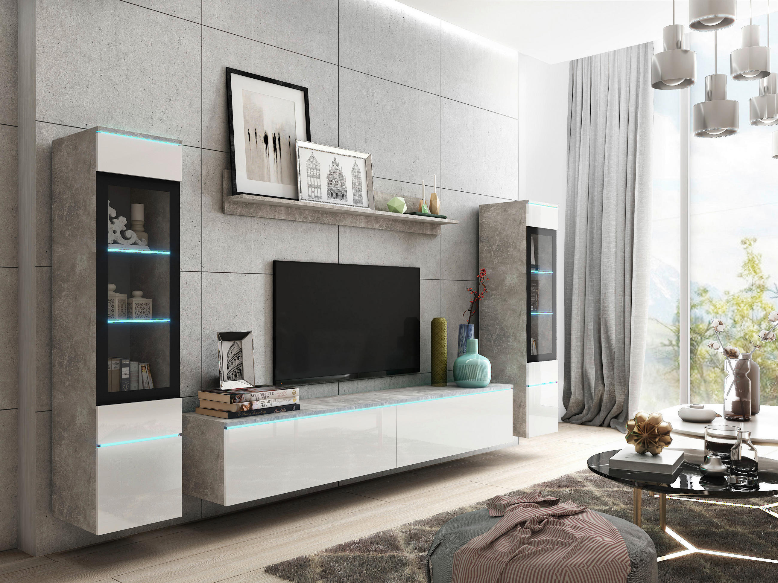 HYLLKOMBINATION 4 delar  i grå, vit högglans  240/130/33 cm  - vit högglans/grå, Lifestyle, trämaterial/glas (240/130/33cm) - P & B