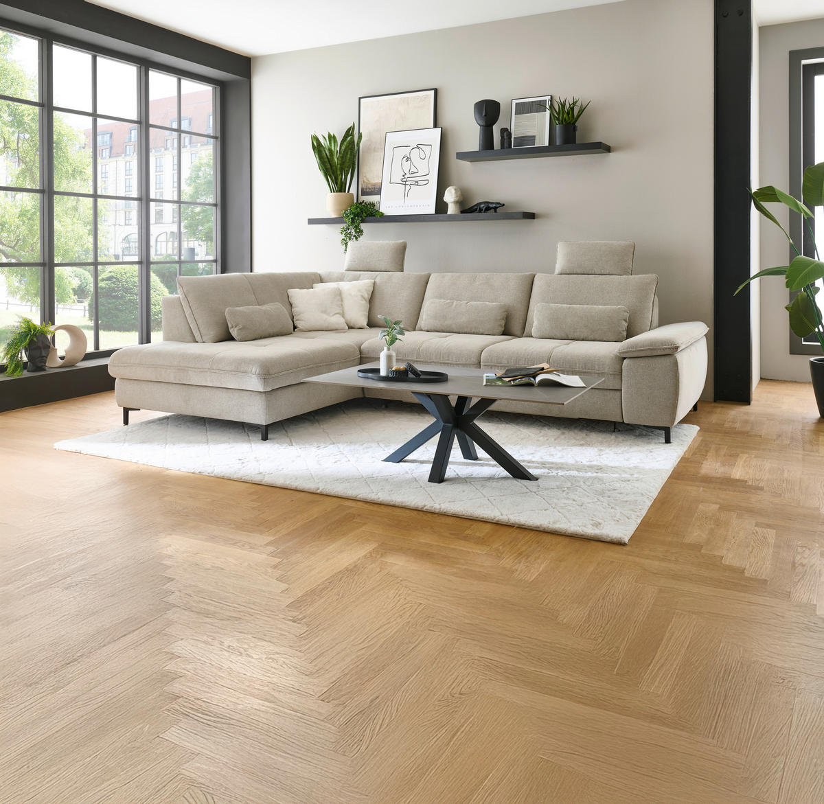 ECKSOFA Sandfarben Flachgewebe Rücken echt  - Sandfarben/Schwarz, Design, Textil/Metall (214/308cm) - Beldomo Speed