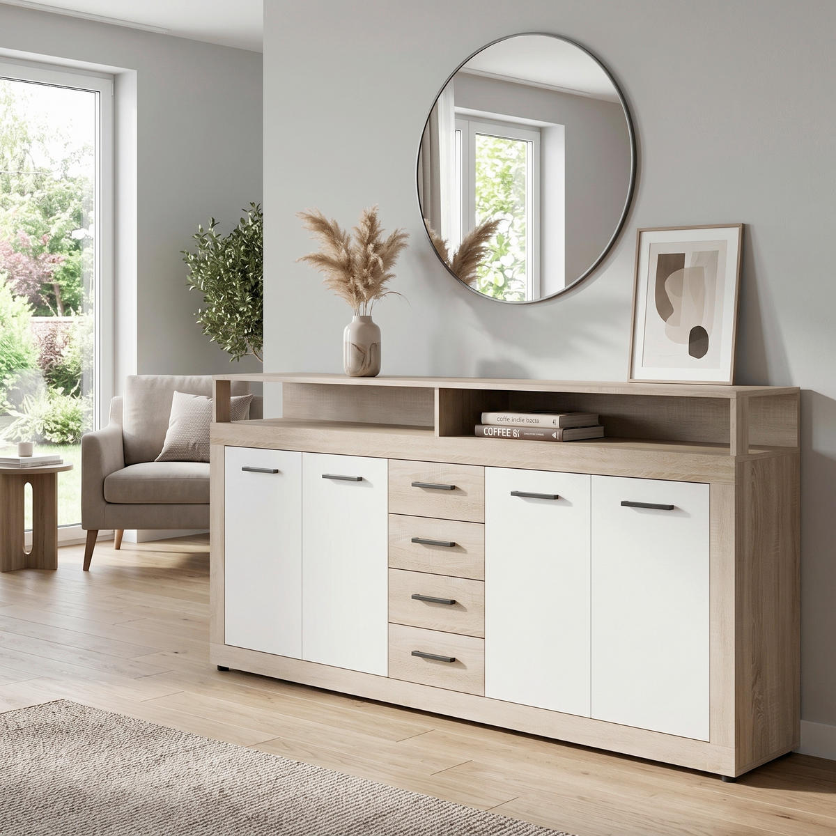 SIDEBOARD  190/96/32 cm 4 Schublade(n)  - Weiß/Sonoma Eiche, Design, Holzwerkstoff/Kunststoff (190/96/32cm) - MID.YOU