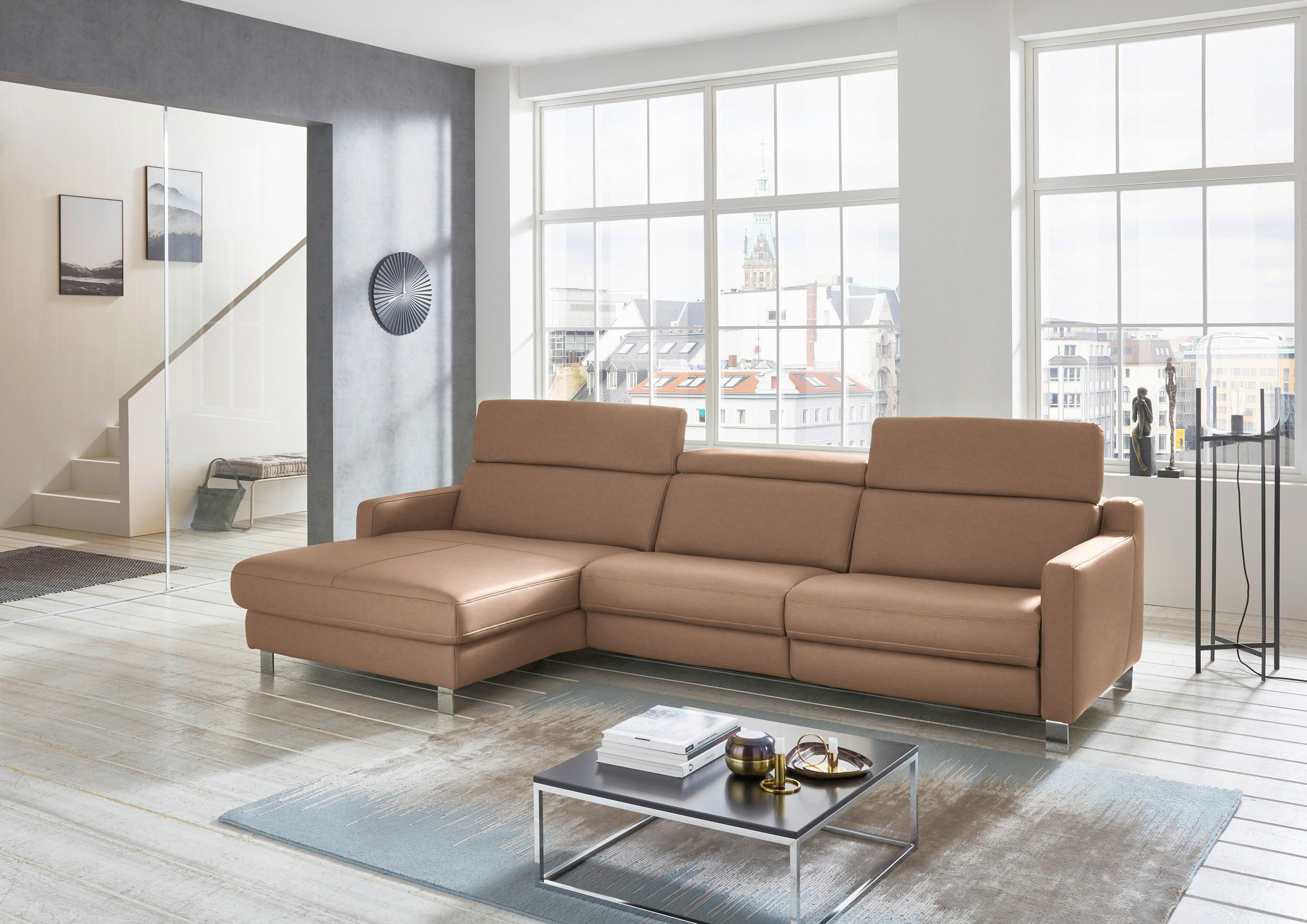 ECKSOFA in Echtleder Braun  - Chromfarben/Braun, Design, Leder/Metall (176/291cm) - Valdera