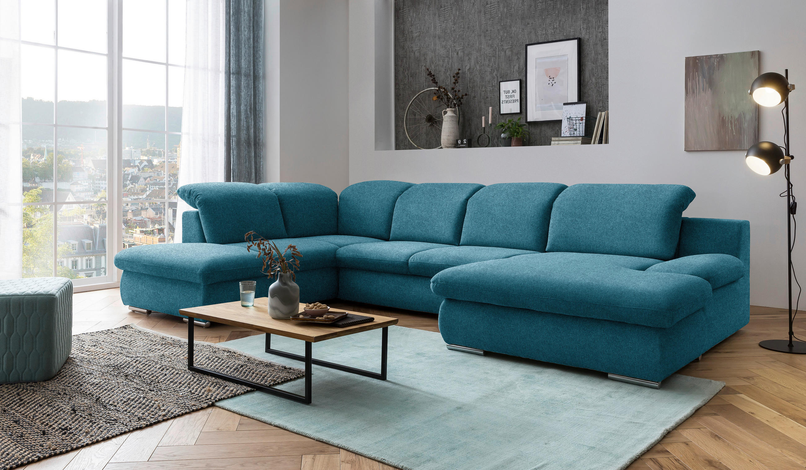 WOHNLANDSCHAFT in Chenille Blau  - Chromfarben/Blau, Design, Textil/Metall (212/353/165cm) - Livetastic